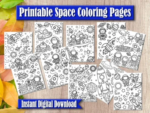 Downloadable sheets with fun space-themed drawings like planets and stars.