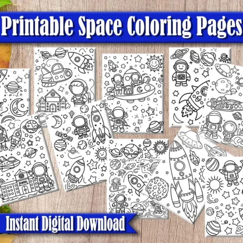 Downloadable sheets with fun space-themed drawings like planets and stars.