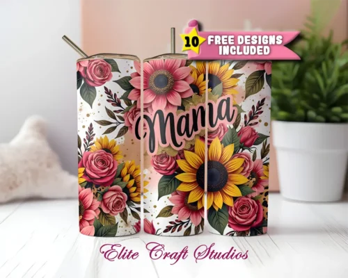 20oz Skinny Sunflower Mom Tumbler Wrap – Glitter Leopard PNG for Sublimation