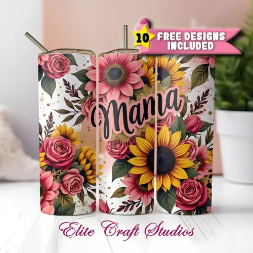 20oz Skinny Sunflower Mom Tumbler Wrap – Glitter Leopard PNG for Sublimation