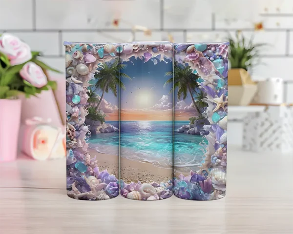 Sublimation PNG design created for 20 oz skinny tumblers with a tropical beach theme.