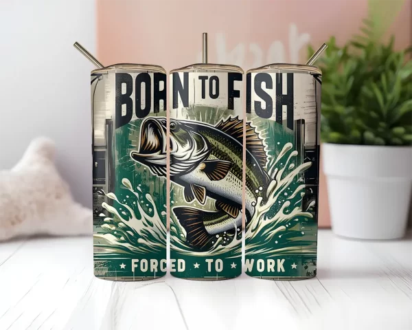 Skinny tumbler design featuring bass fish and “Forced to Work” quote, made for fishing dads