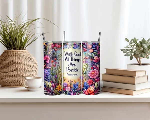 Christian Tumbler PNG with Bible Verse and Floral Art