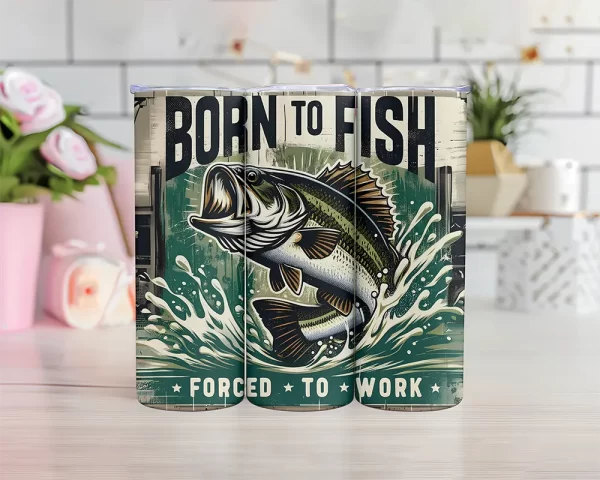 Sublimation tumbler wrap featuring “Forced to Work” fishing quote and jumping fish