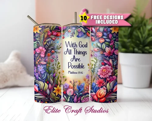 Matthew 19:26 Bible Verse Tumbler Wrap – Christian Floral PNG