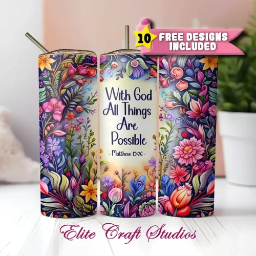 Matthew 19:26 Bible Verse Tumbler Wrap – Christian Floral PNG