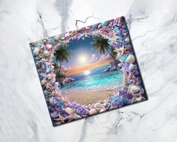 Digital design with ocean waves and seashells for tumbler sublimation.