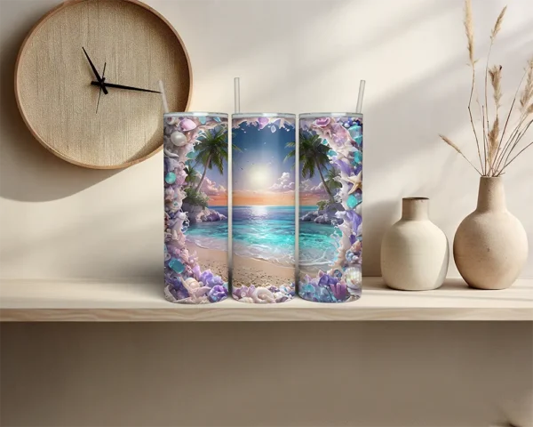 Tropical palm tree and beach scene sublimation PNG for tumblers.