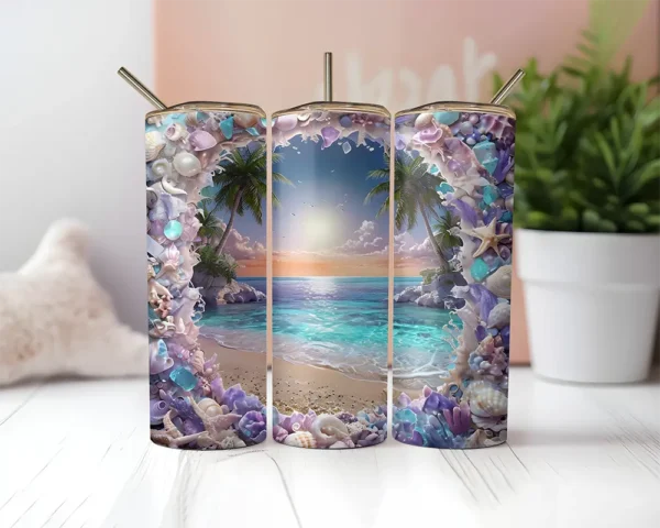 Mockup of tumbler wrap with ocean background and seashell border.