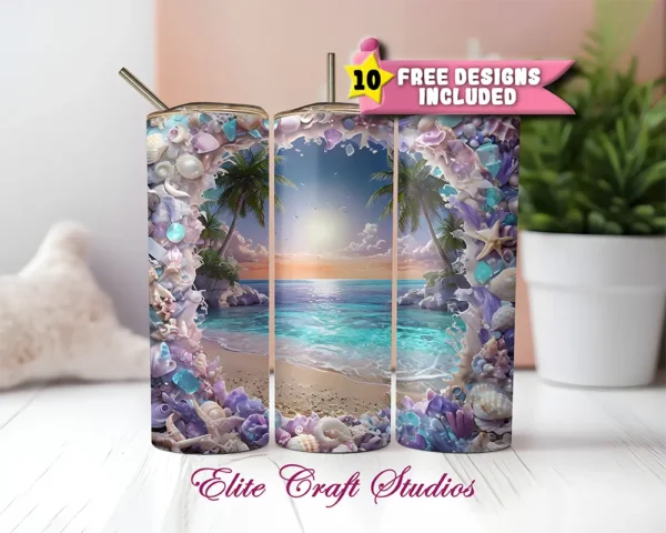 Printable tumbler wrap featuring a detailed seashell beach scene for sublimation crafting.