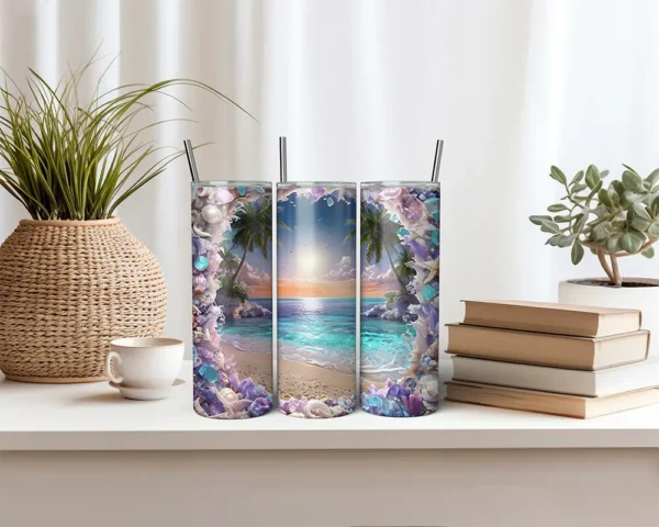 Printable tropical wrap for sublimation on 20 oz skinny tumblers.