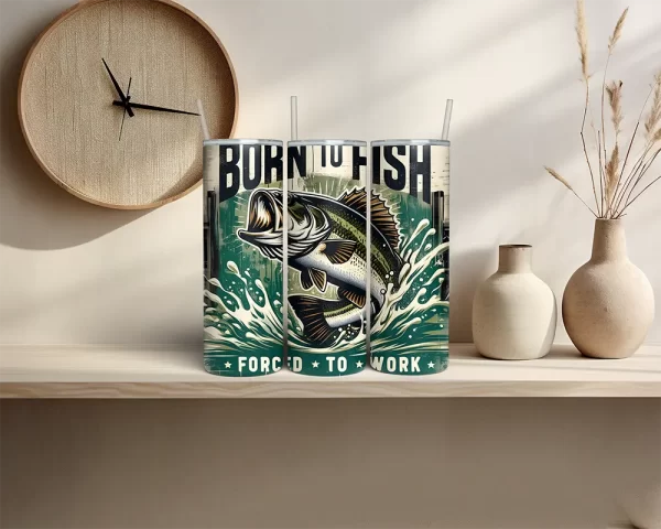 Retro fishing design for 20oz skinny tumblers featuring a large vintage bass illustration