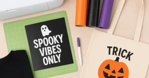 Flat lay of Cricut crafting supplies with vinyl rolls, cutting tools, and Halloween SVG projects like tote bags and shirts.