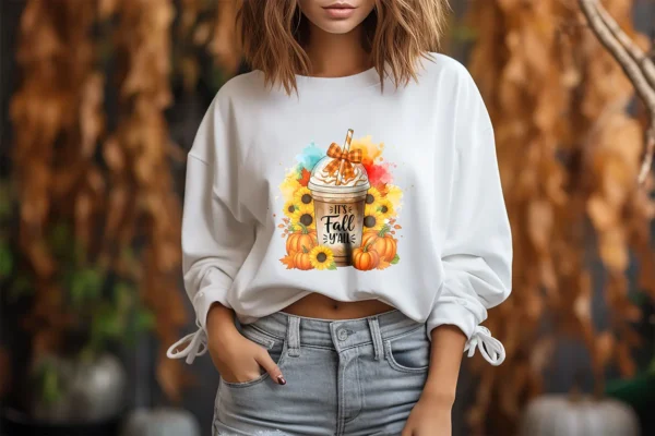 Rustic farmhouse fall sublimation PNG design with pumpkin spice latte, plaid bow, pumpkins, and sunflower accents