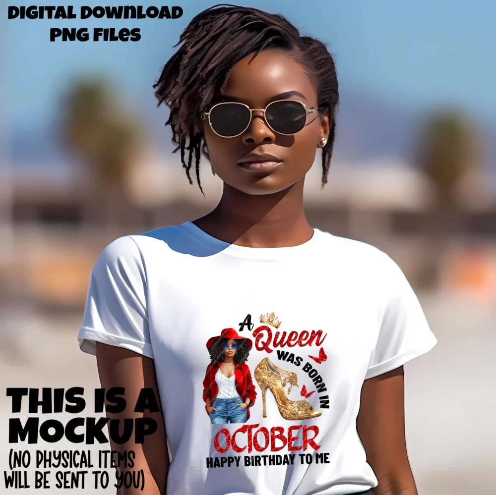 A birthday girl wearing a t-shirt, with the A queen was born design.