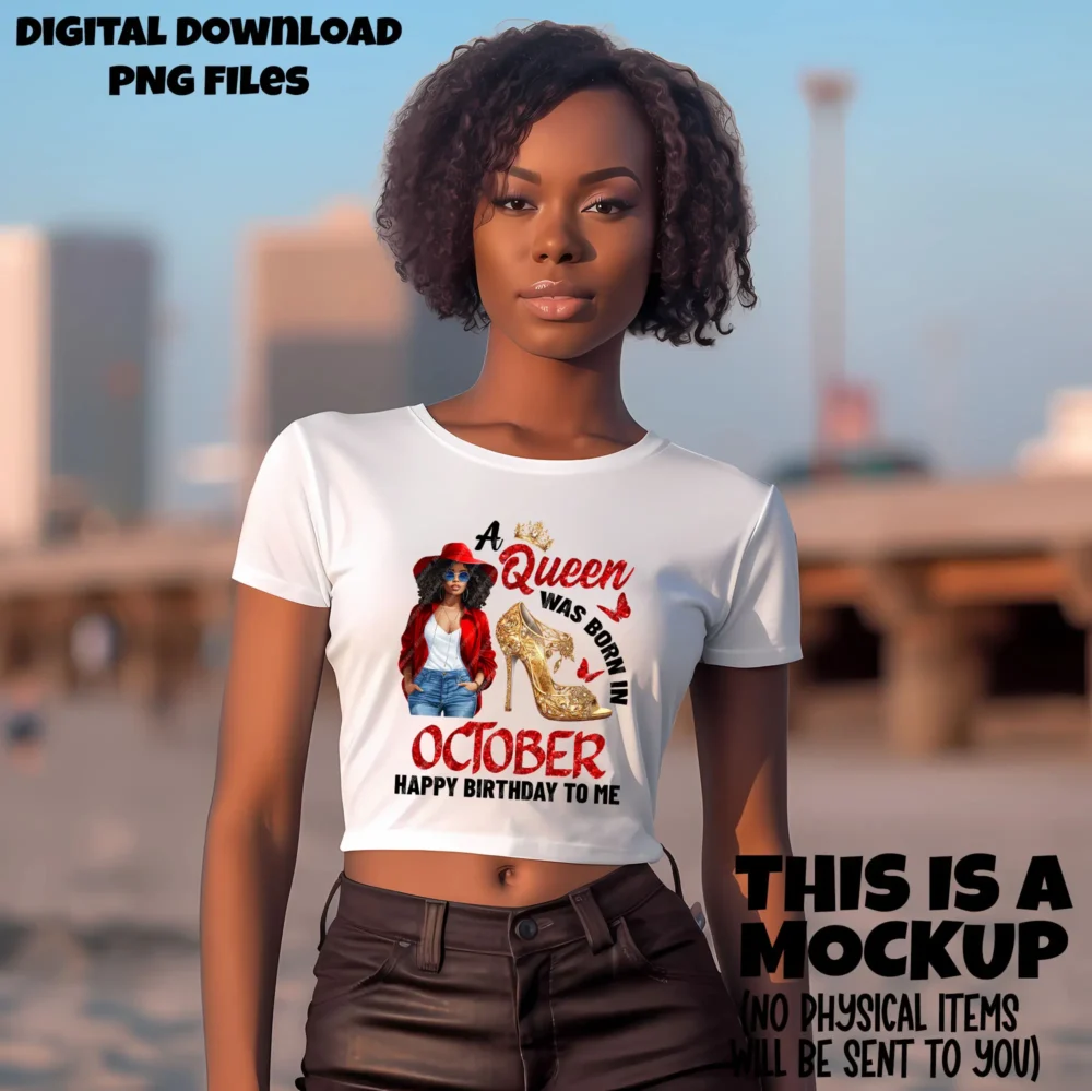 A birthday queen wearing a white t-shirt, with the A queen was born design.