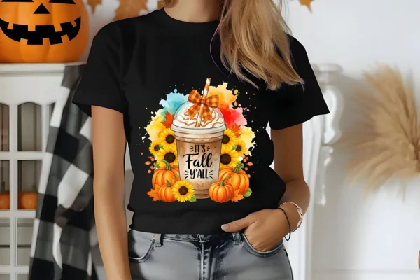 Instant download fall sublimation PNG design with sunflower pumpkin, buffalo plaid bow, and iced coffee