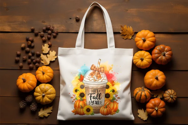 Cozy autumn tote bag mockup with “It’s Fall Y’all” PNG sublimation design featuring coffee, pumpkins, and sunflowers