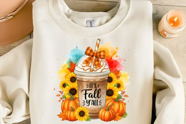 Mockup of “It’s Fall Y’all” sublimation PNG design on a women’s fall sweatshirt with pumpkin spice coffee, sunflowers, and plaid bow