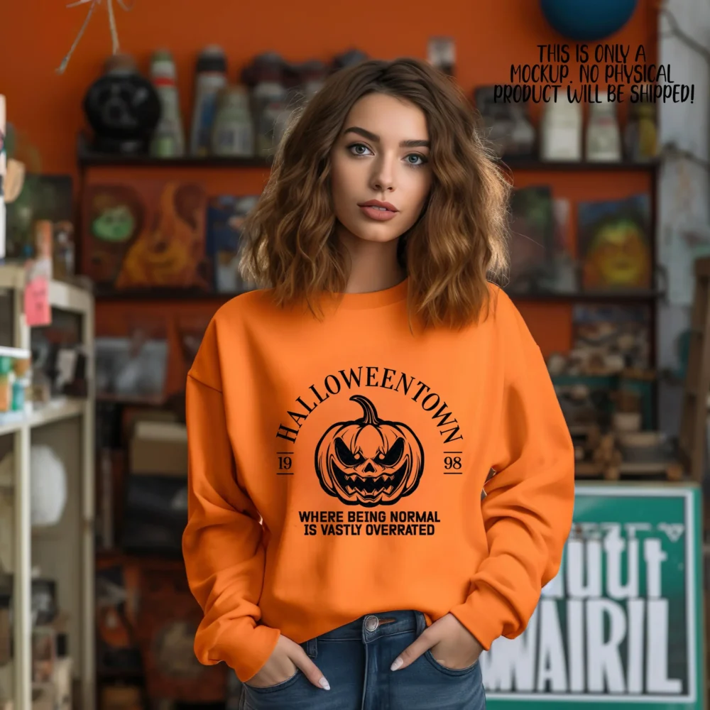 🧡 Girl wearing orange sweatshirt with Halloween Town 1998 SVG