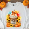 Pumpkin spice coffee sublimation PNG with whipped cream, buffalo plaid bow, and fall sunflower pumpkin design
