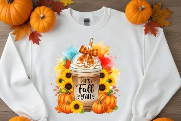 Pumpkin spice coffee sublimation PNG with whipped cream, buffalo plaid bow, and fall sunflower pumpkin design