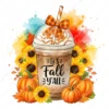 Pumpkin spice coffee sublimation PNG with whipped cream, buffalo plaid bow, and fall sunflower pumpkin design