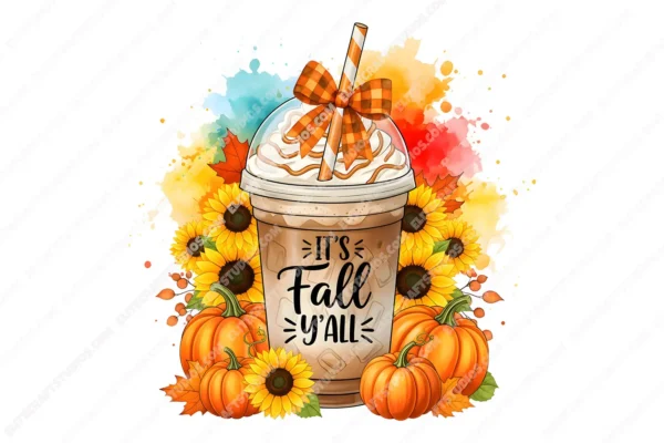 Pumpkin spice coffee sublimation PNG with whipped cream, buffalo plaid bow, and fall sunflower pumpkin design