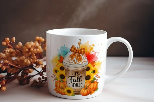 It’s Fall Y’all PNG featuring autumn coffee cup, sunflower, pumpkins, and buffalo plaid bow sublimation design