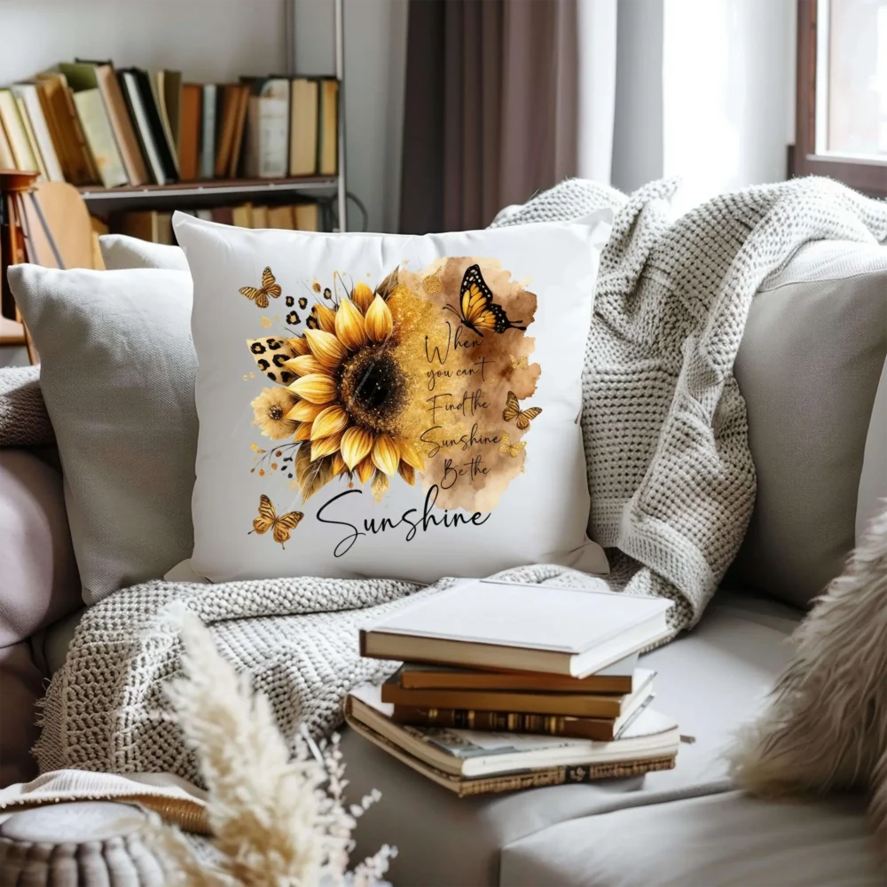 White pillow featuring Be the Sunshine PNG motivational sunflower quote