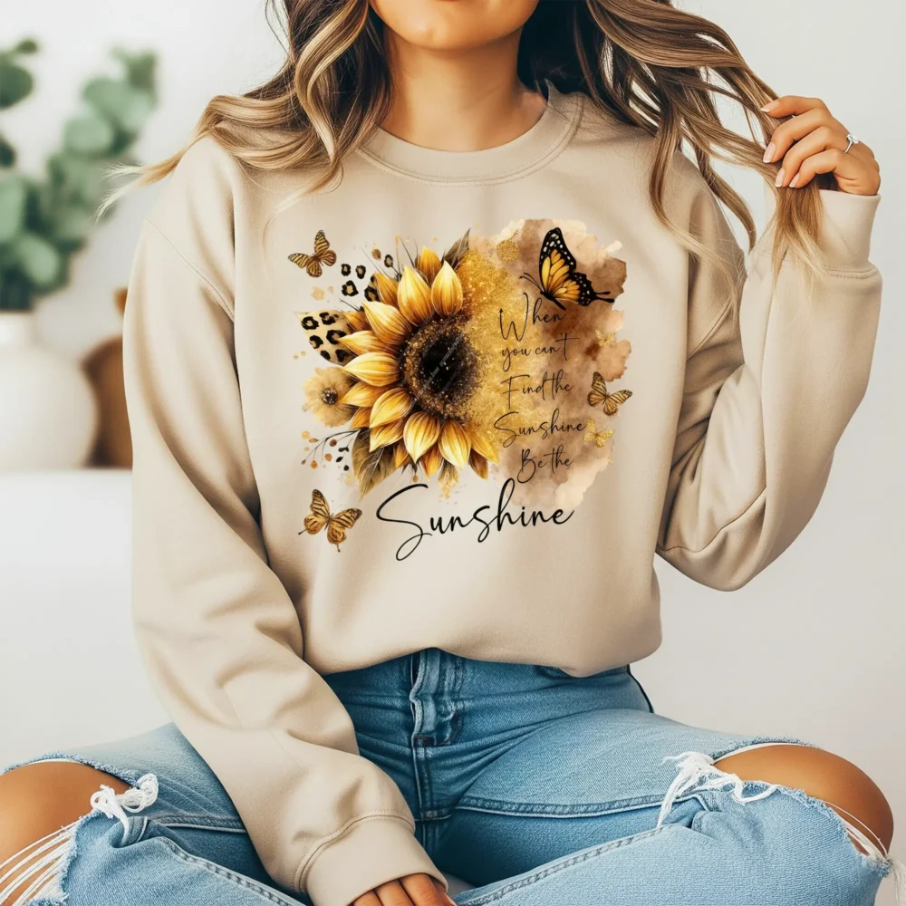 Lifestyle mocku showing sunflower motivational quote design on sweatshirt