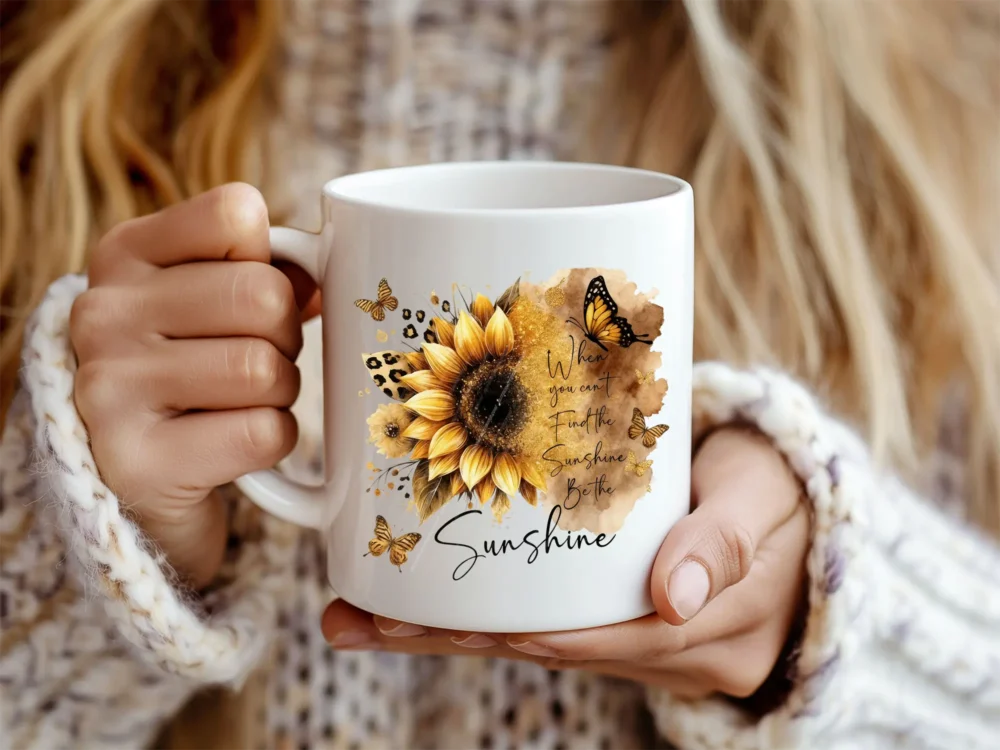 Inspirational sunflower quote PNG design displayed on mug mockup
