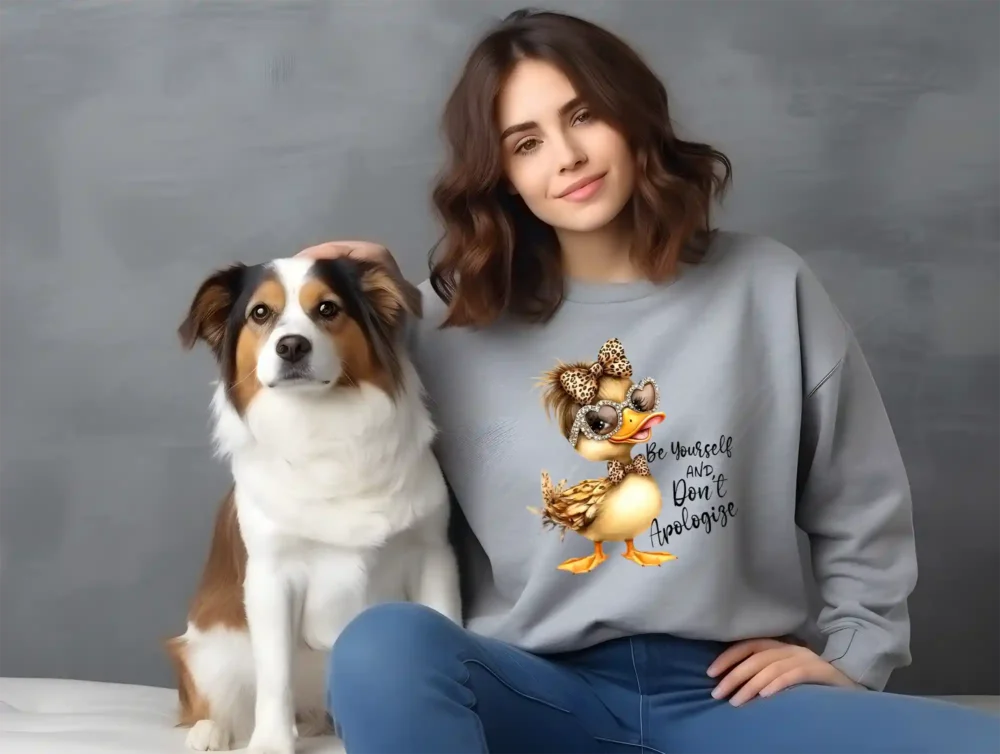 Grey sweatshirt mockup with sassy duck design and dog