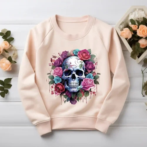 Blush sweatshirt mockup with detailed flower skull illustration