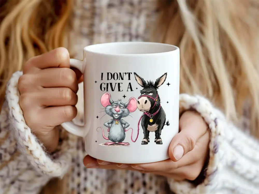 Woman holding mug with Funny Donkey PNG design