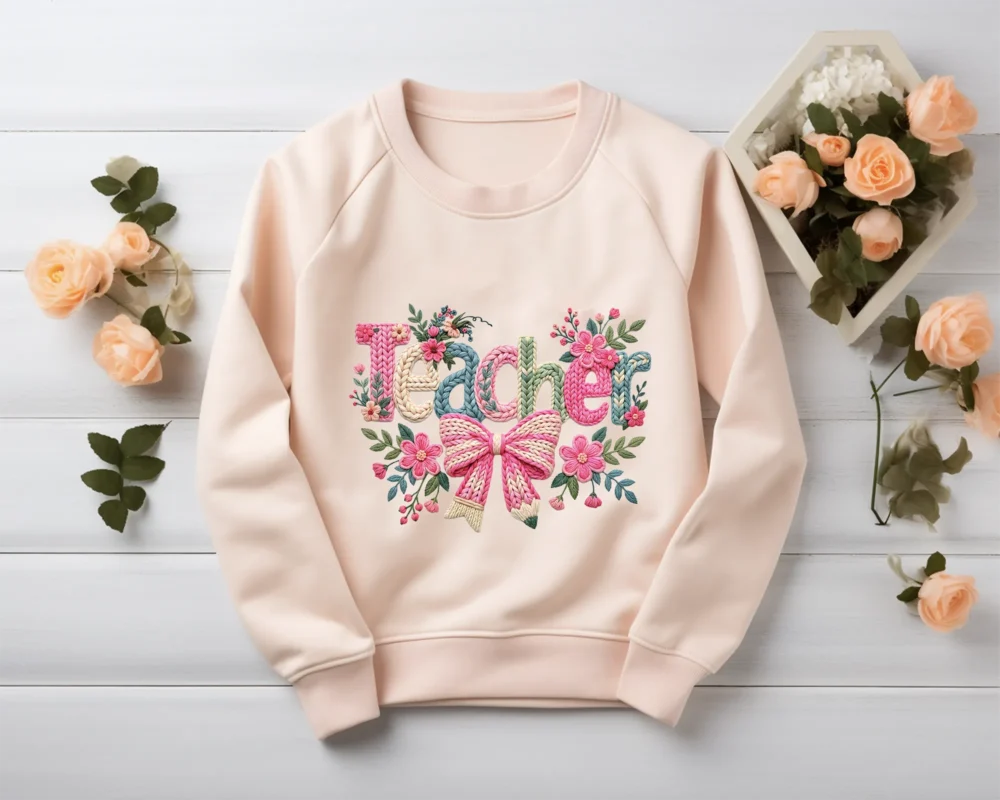 Floral Teacher Knitted Shirt PNG printed on a light blush sweatshirt