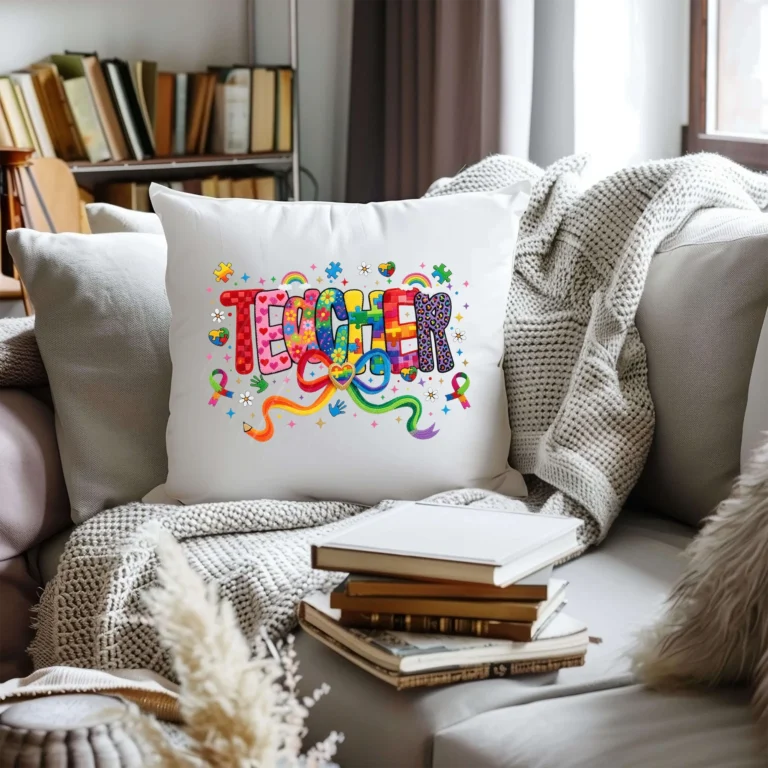 A vibrant "Teacher" PNG design featuring individual letters filled with diverse patterns including rainbow stripes, floral prints, leopard spots, and puzzle pieces. The design is accented with colorful rainbows, puzzle-piece hearts, and a large rainbow ribbon with a heart in the center
