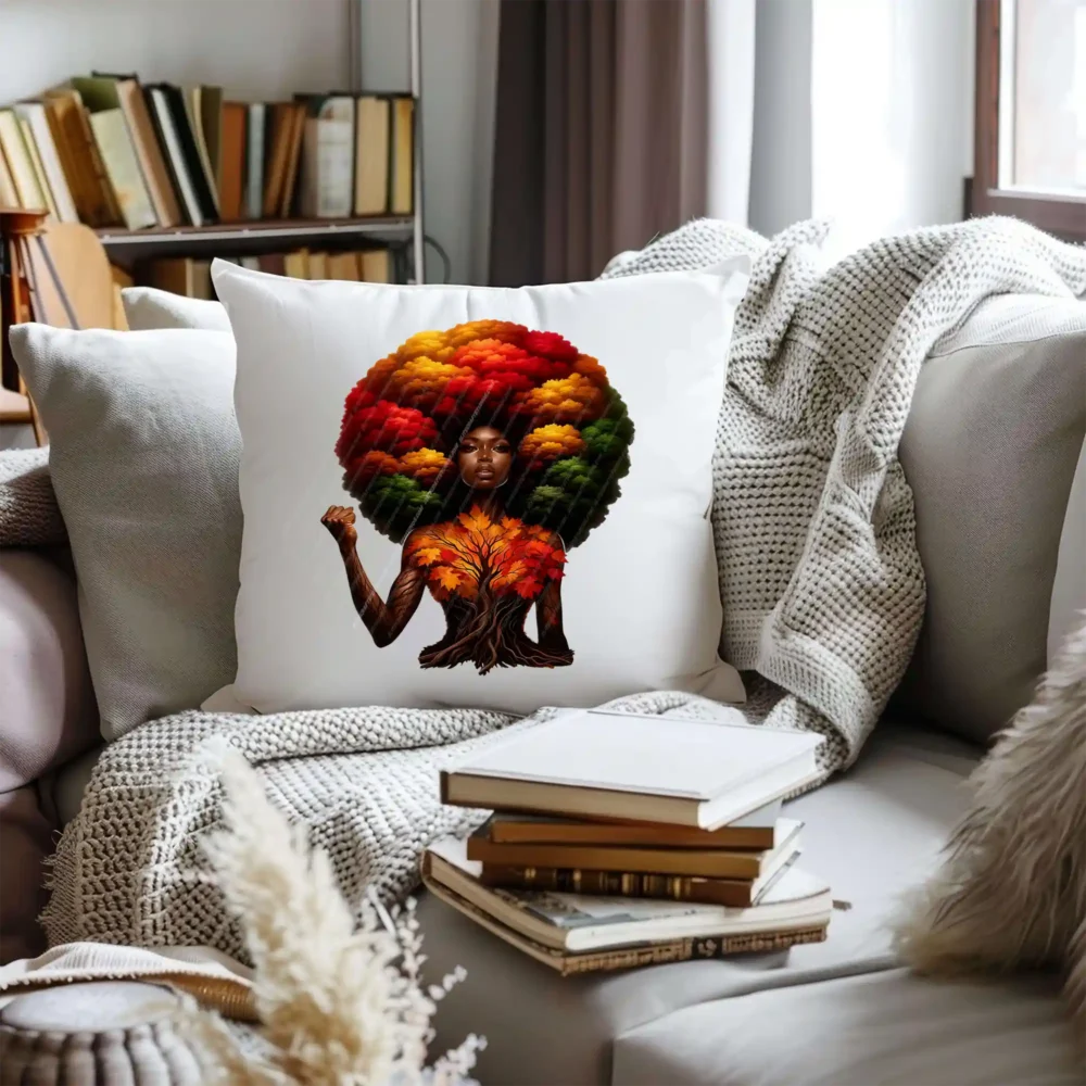 Afro Tree Woman PNG Afrocentric melanin woman design displayed on decorative pillow
