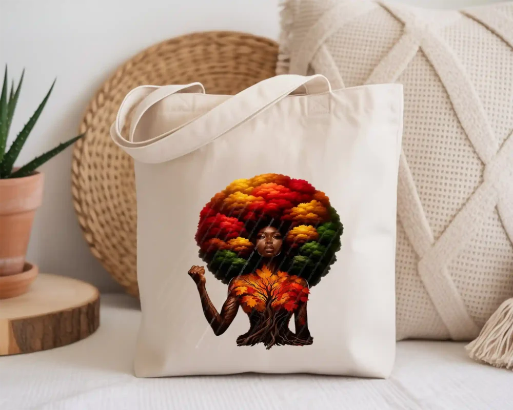 Afro Tree Woman PNG Canvas tote bag mockup featuring black pride melanin woman design