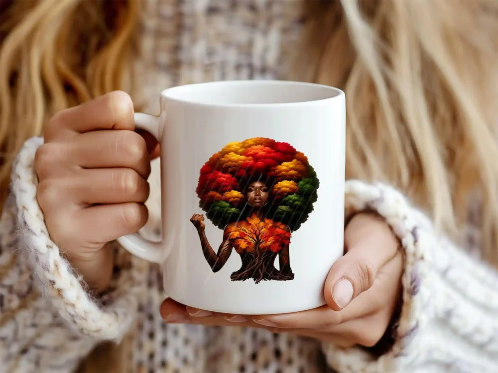 Black queen afro art design displayed on white mug mockup