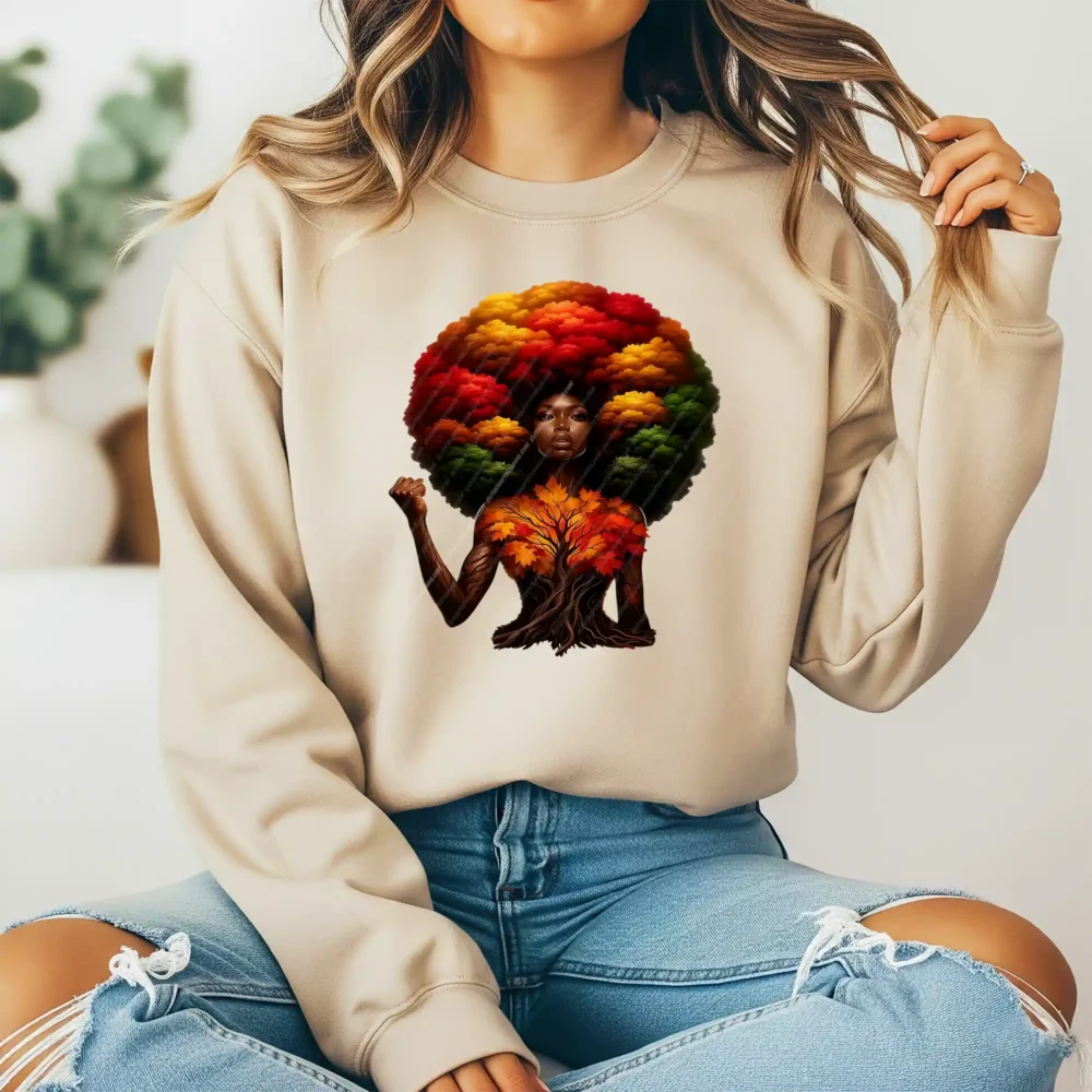 Afro Tree Woman PNG Lifestyle mockup showing natural hair art design on brown sweatshirt