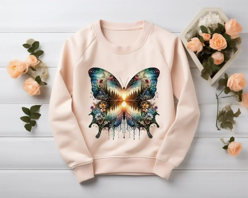 Enchanting forest butterfly graphic on a blush sweatshirt.