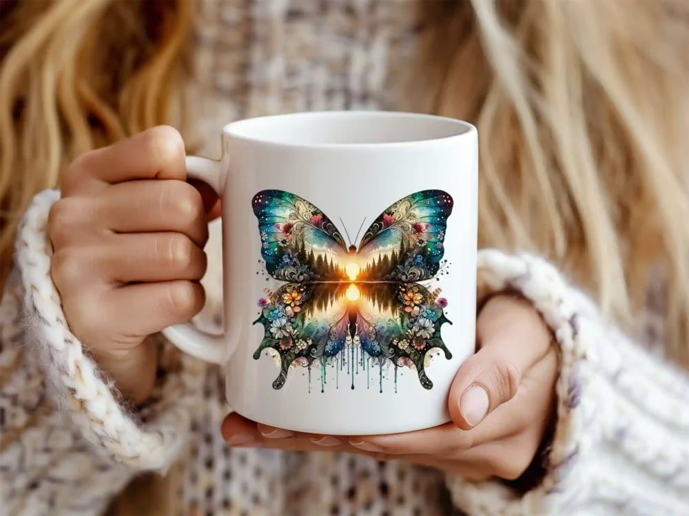 Nature inspired butterfly artwork on a white coffee mug.