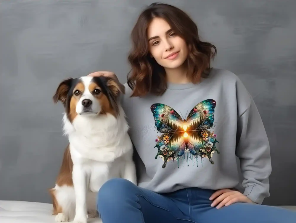 Girl and dog with a grey Boho Sunset Butterfly PNG shirt