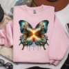 Boho style butterfly sublimation design on pink apparel.
