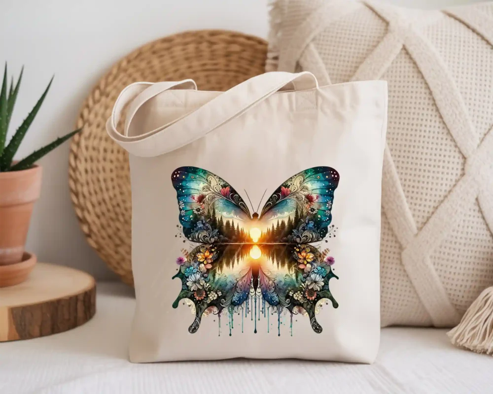 Canvas tote bag with a forest sunset butterfly design.
