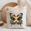 Canvas tote bag with a forest sunset butterfly design.