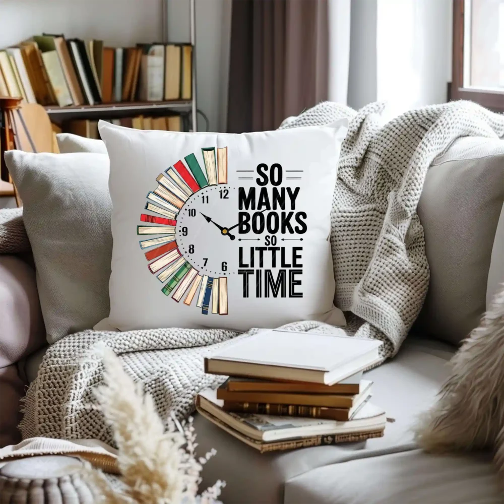 White pillow featuring retro book lover quote design