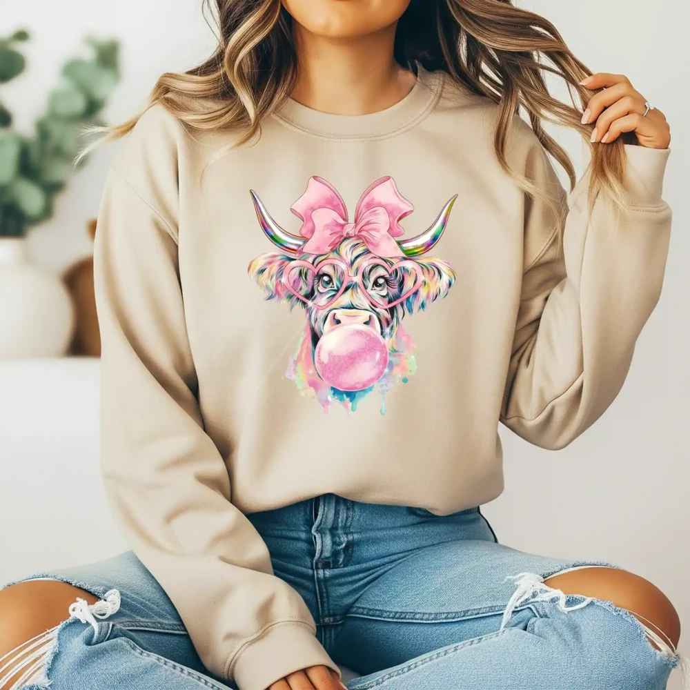 Girl wearing light brown sweatshirt with bubblegum cow design