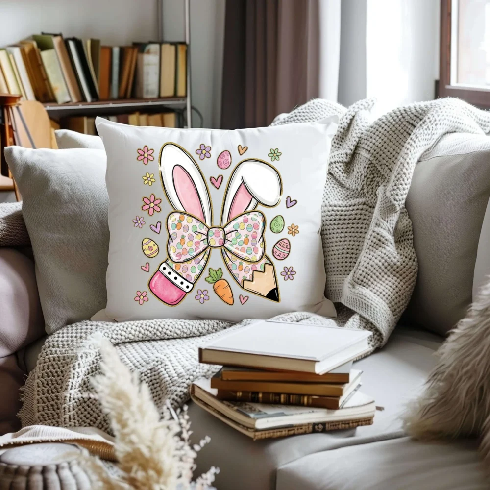 Decorative spring pillow with a watercolor bunny ear bow design